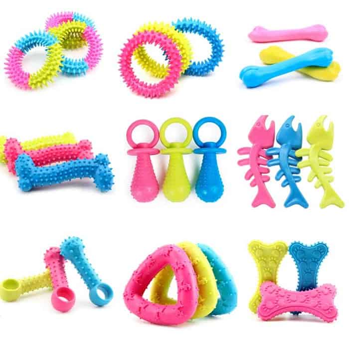 the image contains a variety of dog chew toys