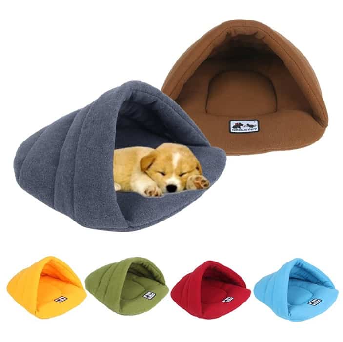 the image contains a different samples of the product and a puppy in it.
