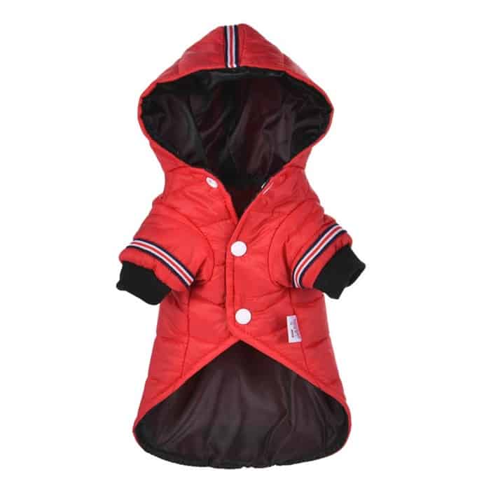 the image contains a red waterproof jacket